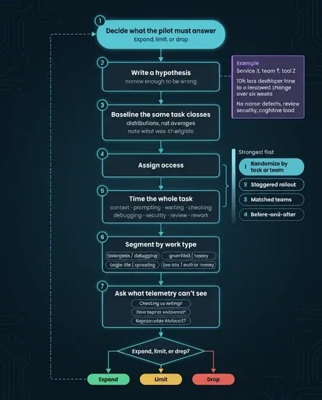 Flowchart of an AI tool pilot from decision and hypothesis through baseline, rollout and segmentation