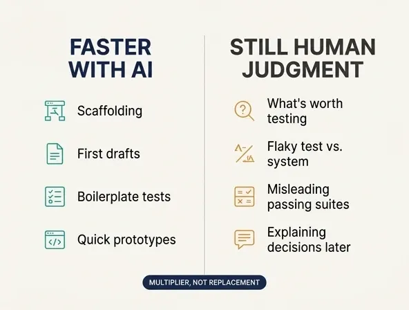 Two-column infographic comparing engineering tasks AI speeds up against tasks that still require human judgment