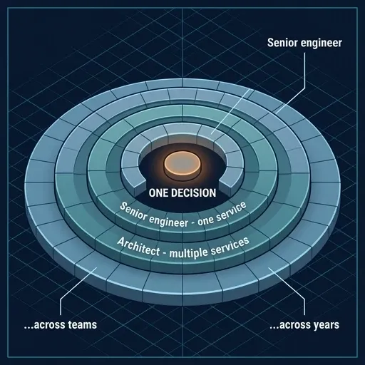 Diagram showing an architect's decisions expanding in scope across services, teams, and years compared to one engineer's single service.
