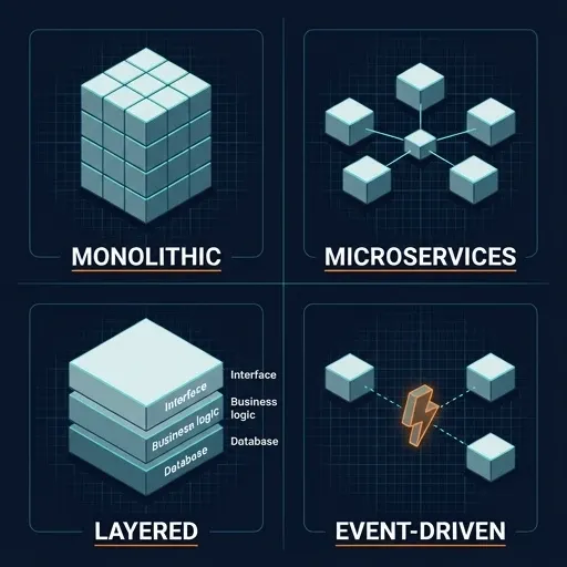 Four icon diagrams comparing monolithic, microservices, layered, and event-driven software architecture patterns.