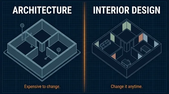 Split blueprint diagram contrasting load-bearing architecture decisions with easily changed interior design choices.
