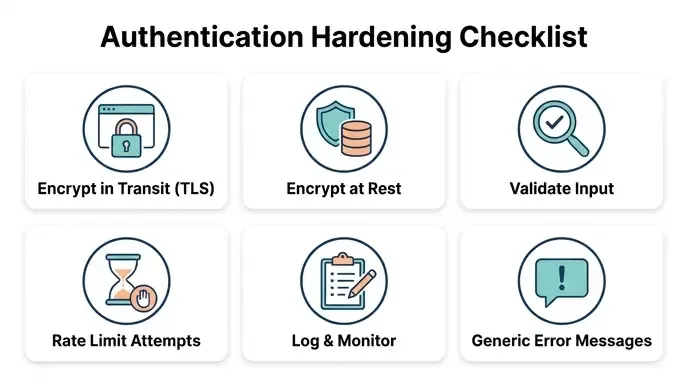 Checklist infographic of six authentication hardening practices: TLS encryption, encryption at rest, input validation, rate limiting, logging, and generic error handling