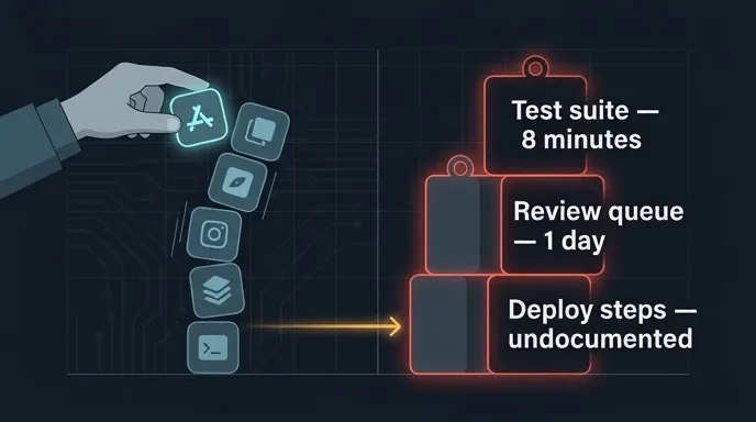 Stack of new productivity apps failing to move three blockers: an eight-minute test suite, a day-long review queue, and undocumented deploy steps