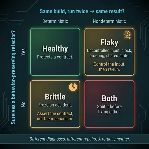 Two-by-two matrix separating brittle from flaky tests by determinism and refactor survival, with the repair for each