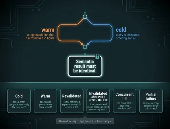 Warm and cold cache paths converging on one required semantic result, with the six cache states a test must cover