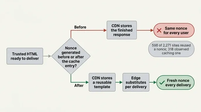 Two delivery paths: a cached nonce replayed to every user versus a fresh nonce injected at the edge