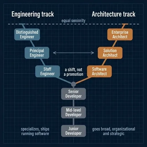 Two parallel career tracks branching from senior developer, engineering depth and architecture breadth