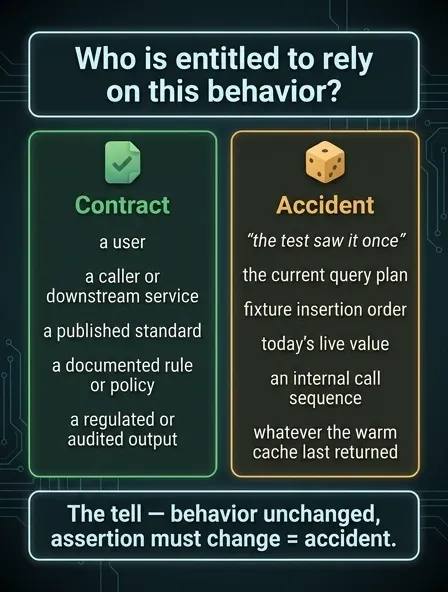 Two-column comparison of behavior backed by a contract versus behavior a test froze by accident