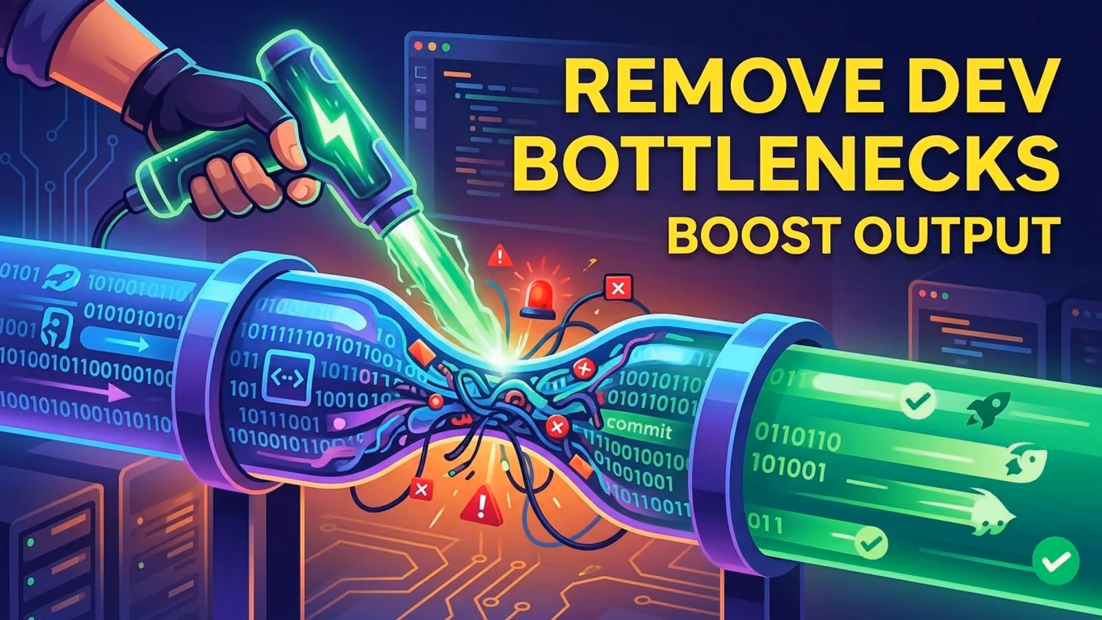 Hand's glowing tool clearing a tangled, error-filled knot between two code pipelines