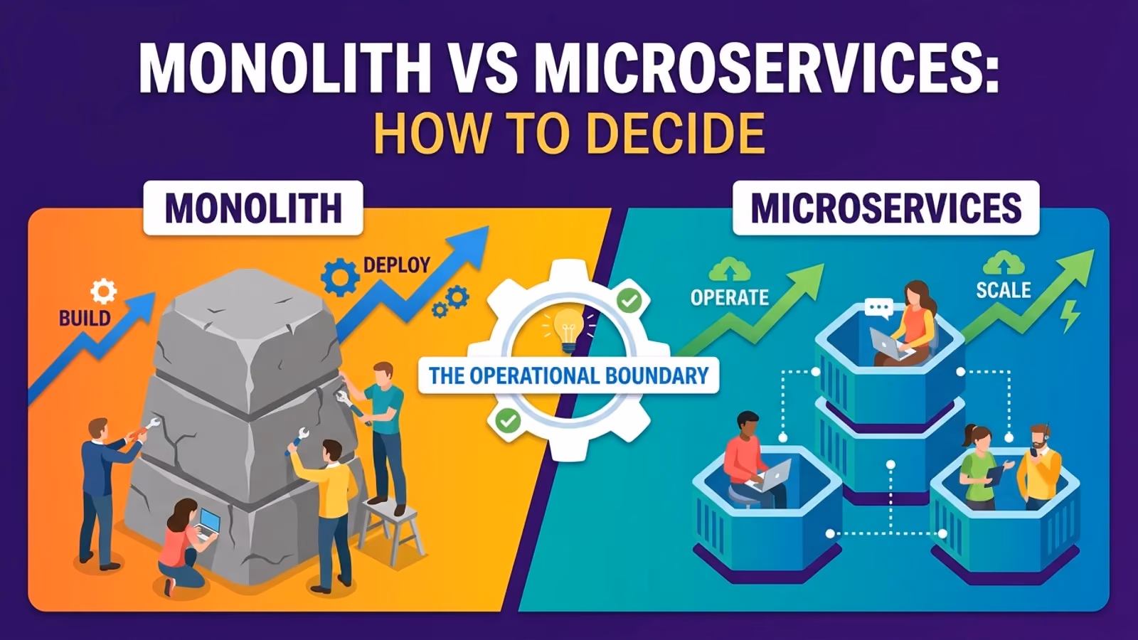 Split illustration: workers building a stone monolith versus a team operating modular microservice towers