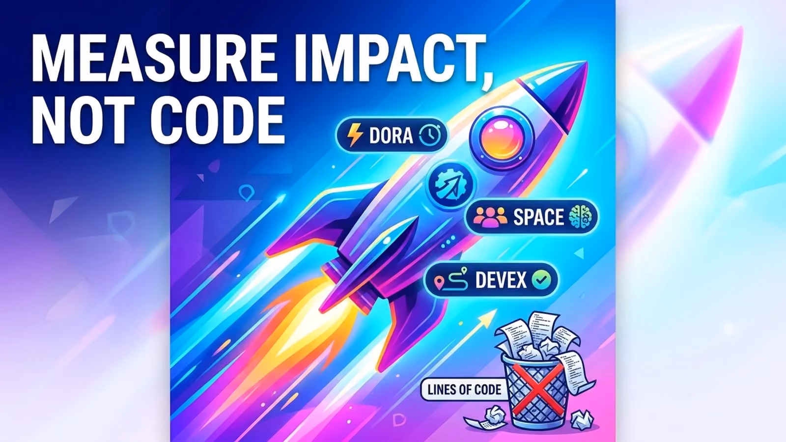 Rocket labelled DORA, SPACE and DevEx climbing while crumpled lines-of-code printouts fill a bin