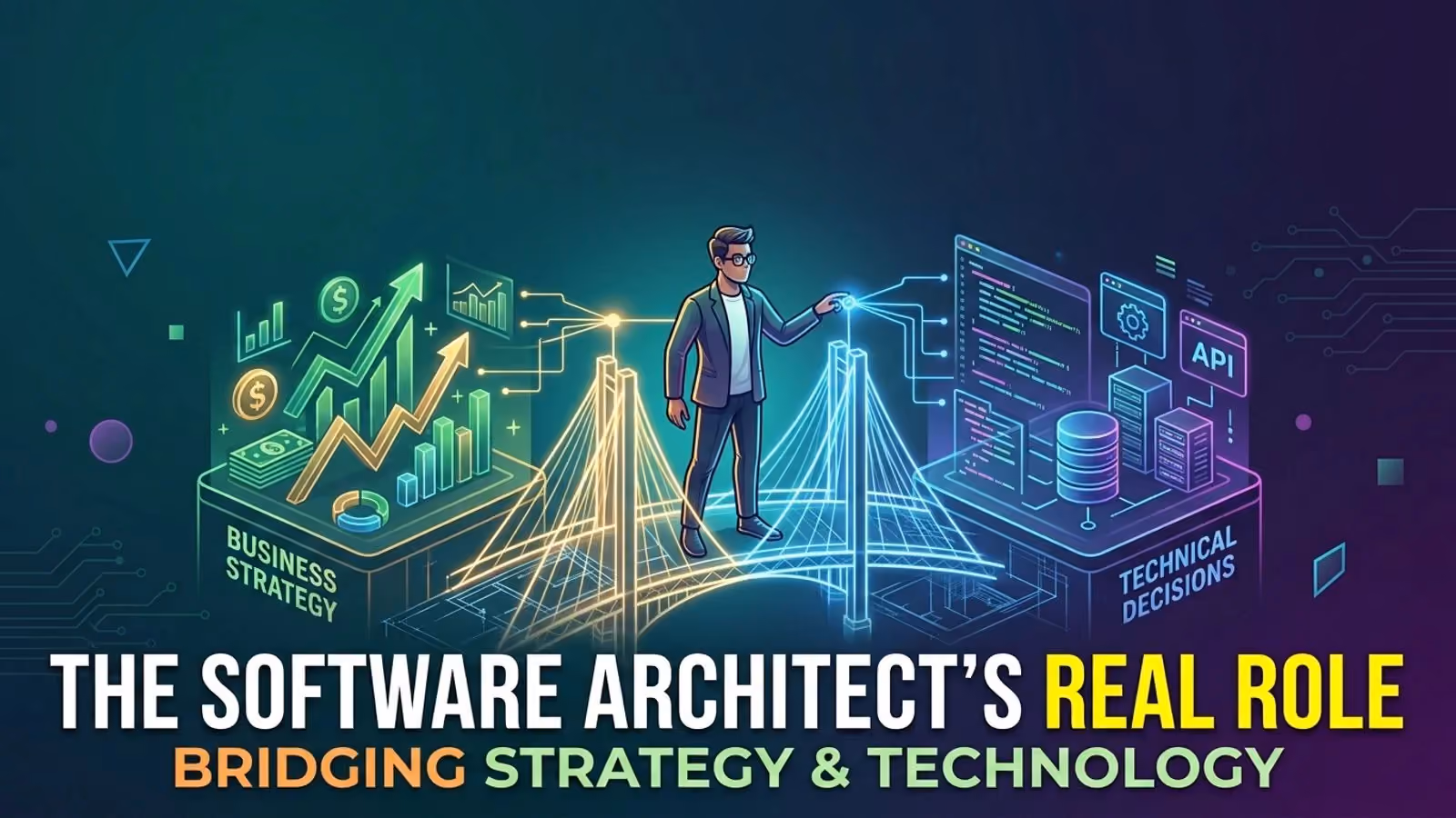 Architect on a glowing bridge linking business strategy charts to code and databases