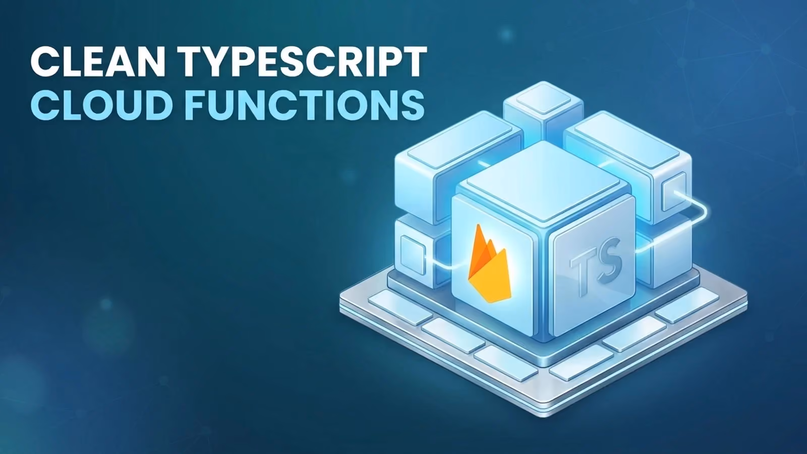 "Cloud Functions with TypeScript" title beside the TypeScript and Firebase logos on a dark blue background