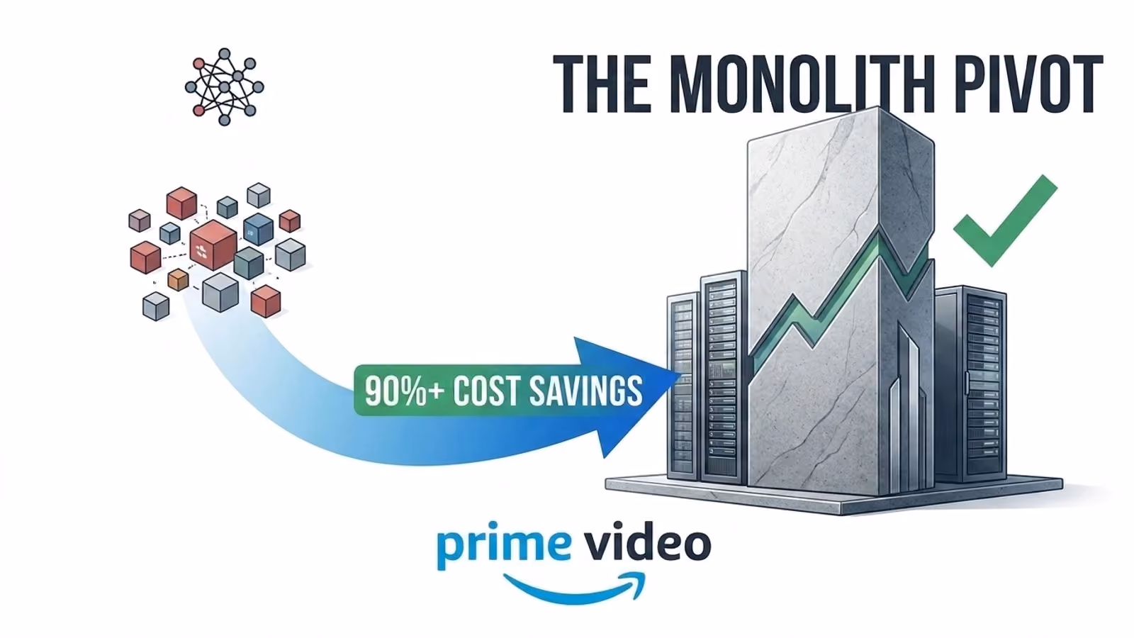 Amazon Prime Video logo with an arrow curving from a crossed-out "Microservices" label to a checked "Monolith" label