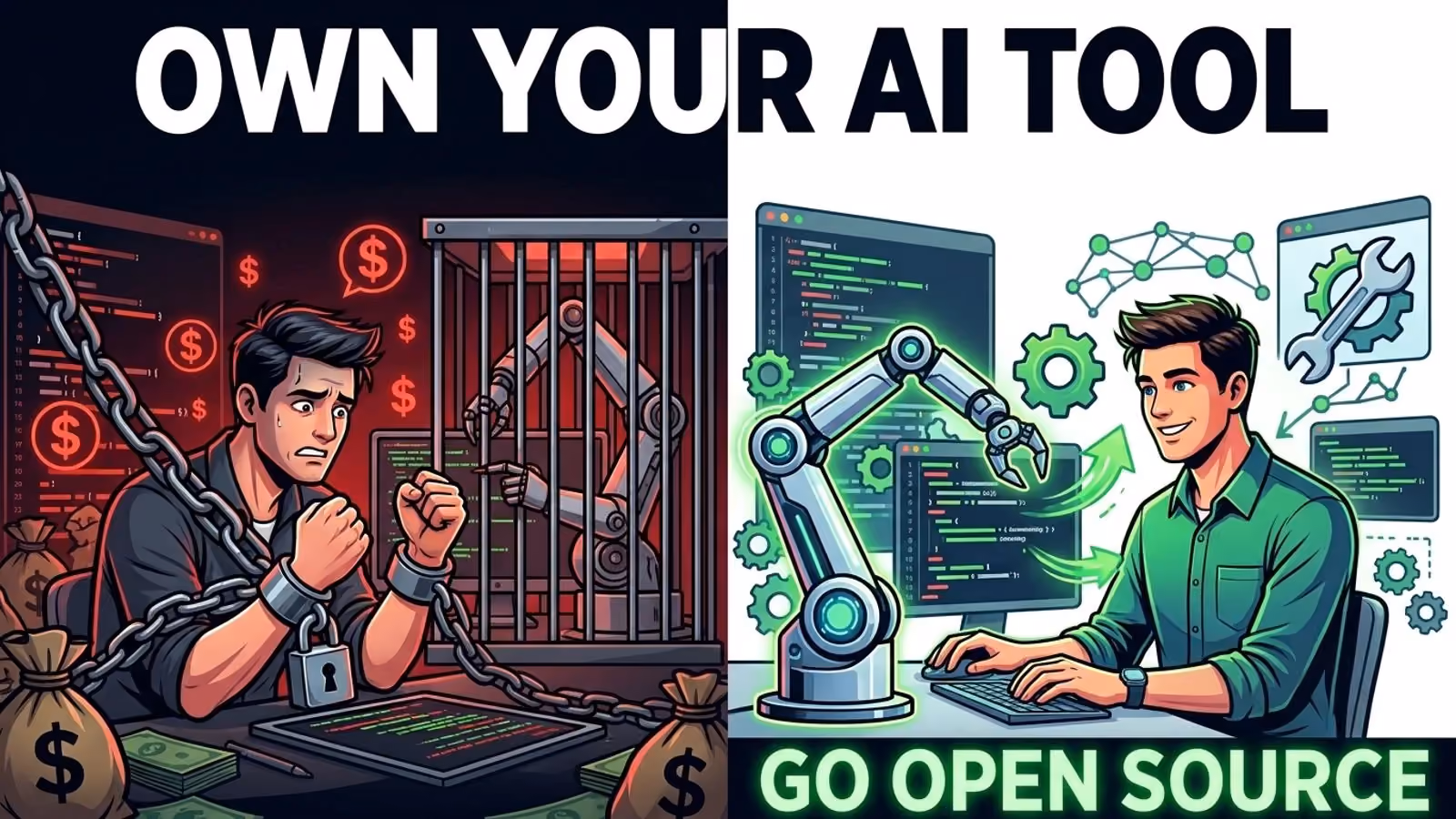 Developer shackled to a caged AI robot beside one freely coding with open source