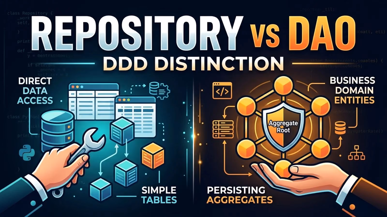 Infographic contrasting DAO's direct table access with a Repository's Aggregate Root and connected entities.