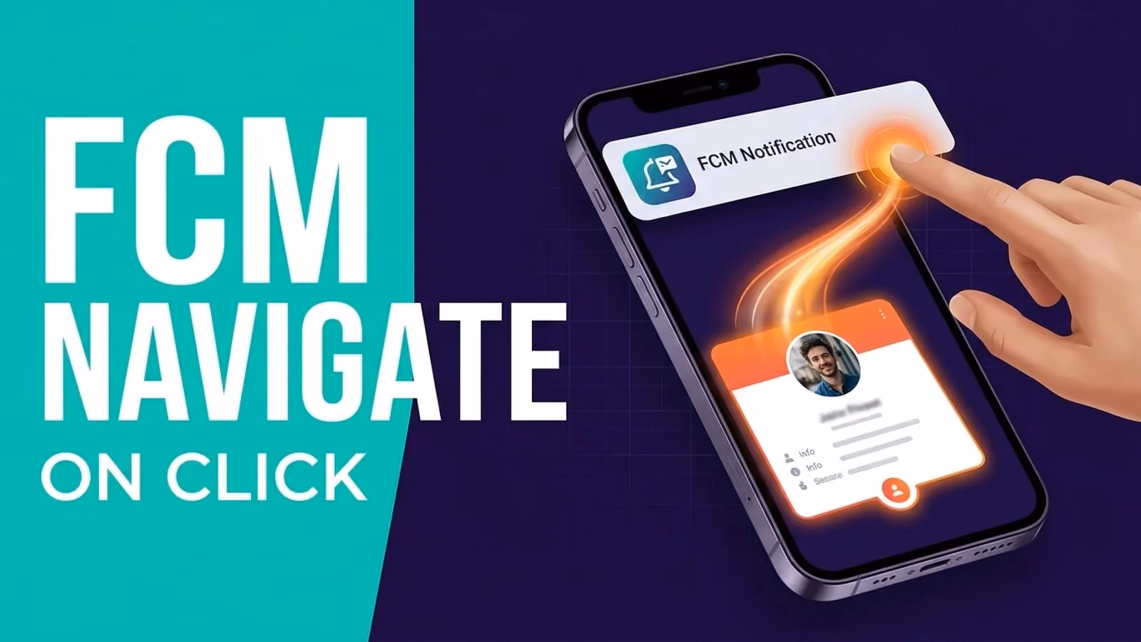 Cloud and database icons connecting to phone notification mockups next to the Firebase and Flutter logos, titled "Navigation with FCM"