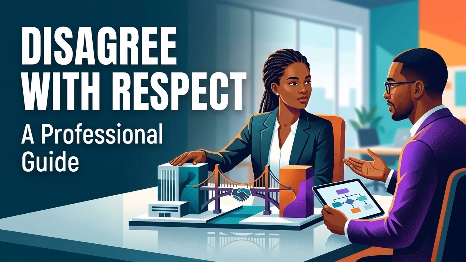 Line illustration of coworkers arguing around a conference table covered in papers, titled "How to Disagree Respectfully"