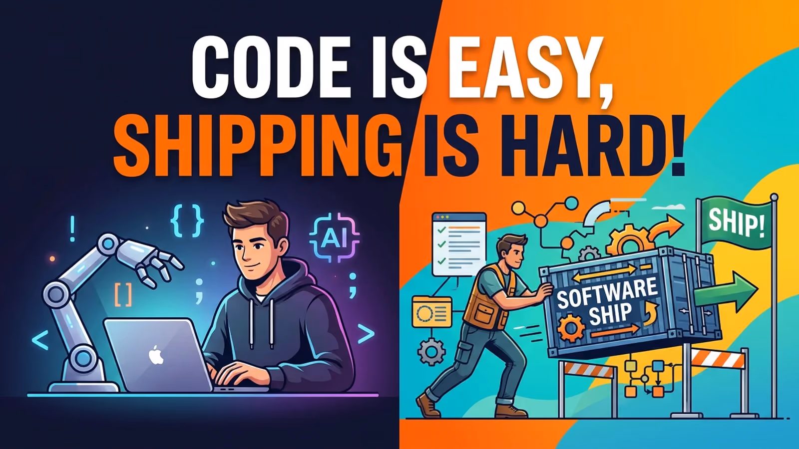 A developer coding beside a robotic arm, a worker pushing a shipping container toward a flag