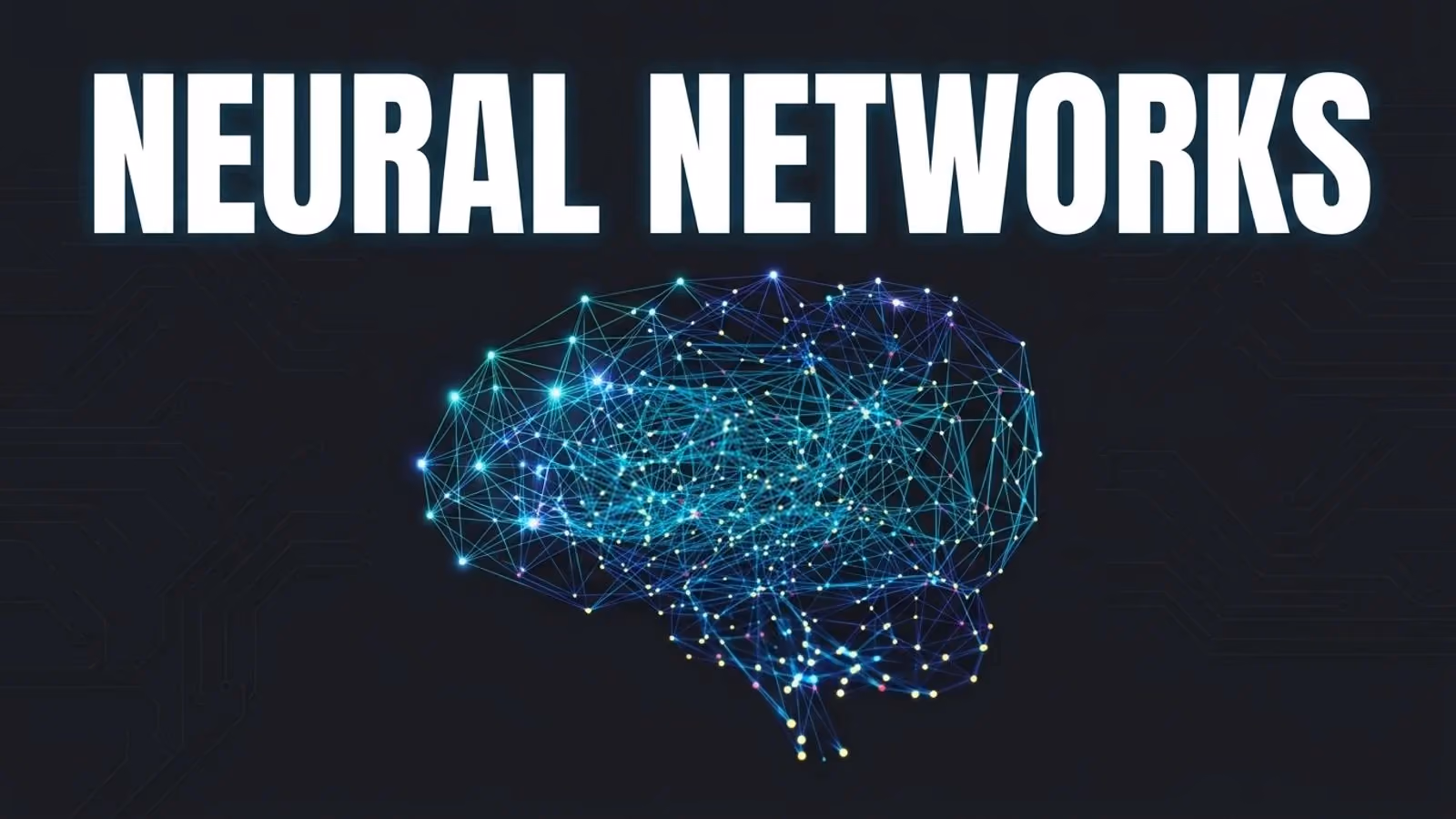Split image of a wireframe brain model beside a glowing neural network node graph, titled "Introduction to Neural Networks"