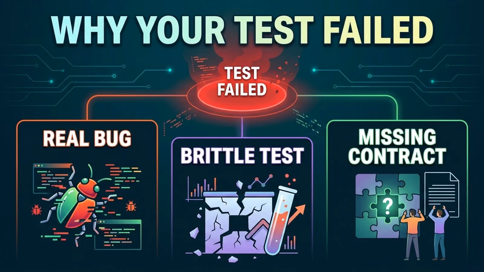 Flowchart splitting a failed test into three causes: real bug, brittle test, or missing contract