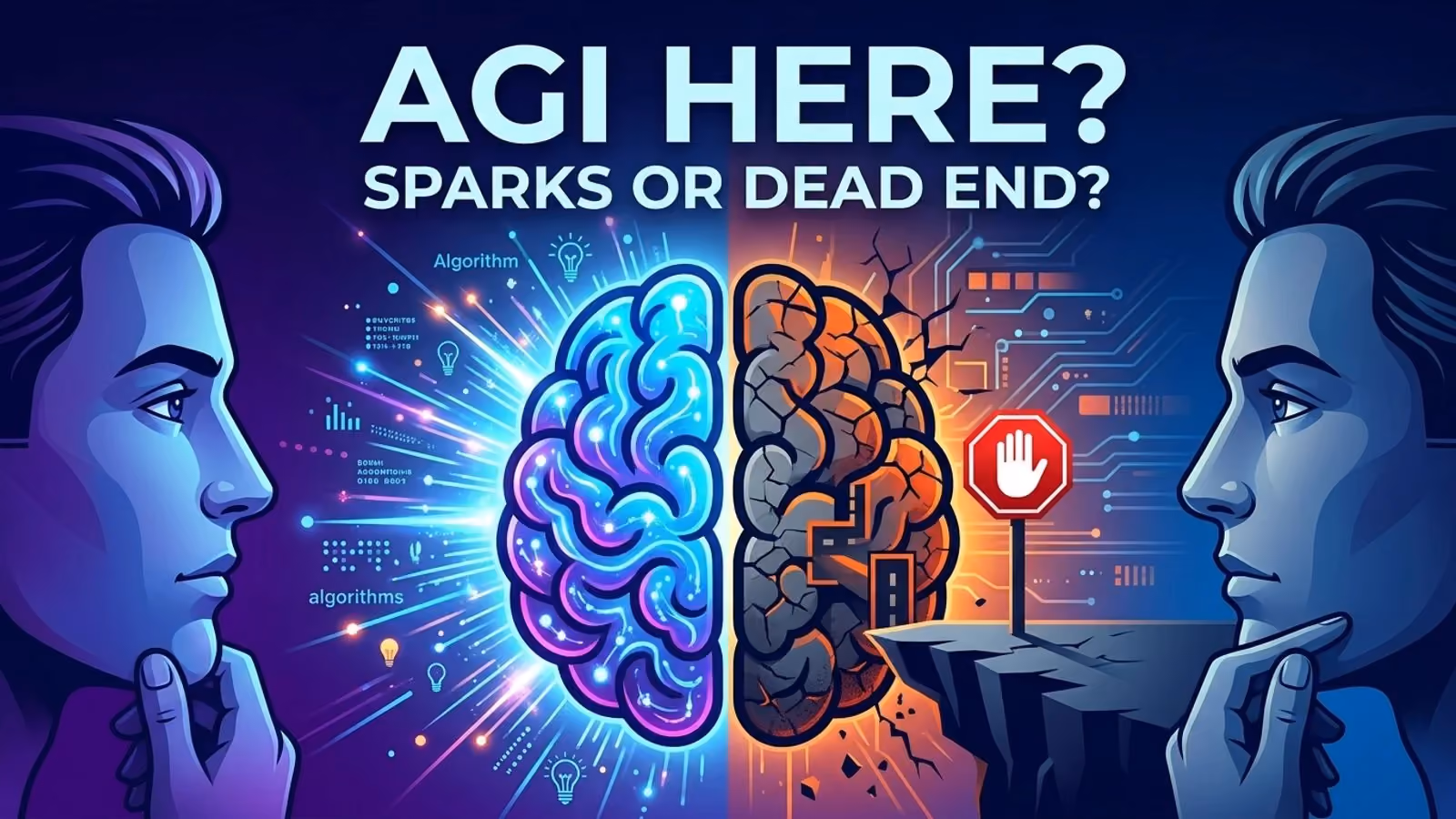 Split-brain illustration between two facing silhouettes: one half glowing blue and intact with algorithm and lightbulb icons, the other half cracked and leading to a cliff with a red stop-hand sign, titled "AGI Here? Sparks or Dead End?"