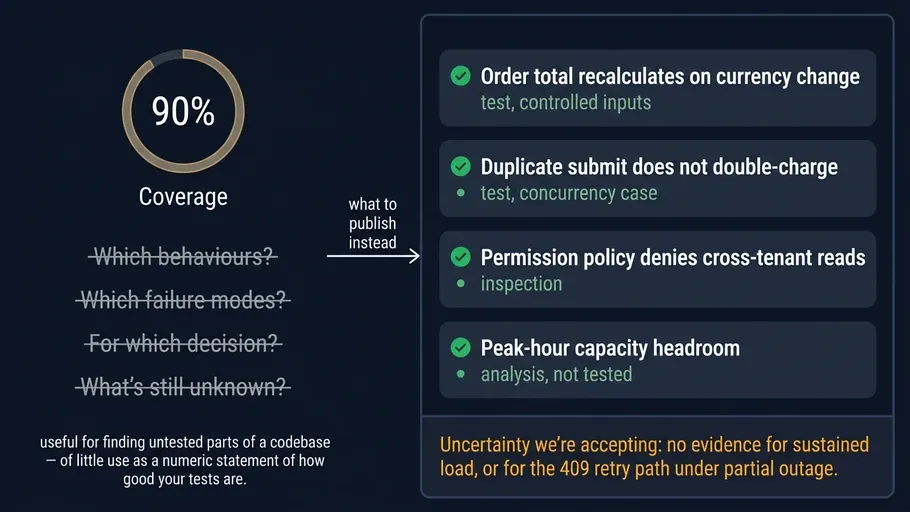 A ninety percent coverage gauge with four unanswered questions struck through, next to a contract panel listing four behaviours with their evidence and an explicit statement of accepted uncertainty