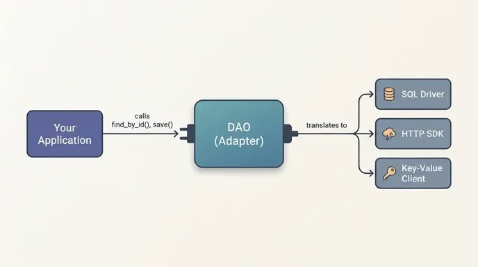 Diagram of a DAO acting as an adapter between application code and low-level APIs such as a SQL driver or HTTP SDK.