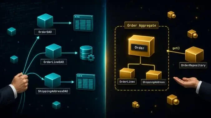 Diagram comparing one Repository call spanning an Order aggregate against three separately coordinated DAOs.