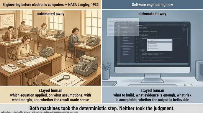 Side-by-side comparison of 1935 human computers and today's developers, showing the deterministic step automated in each and the judgment that stayed