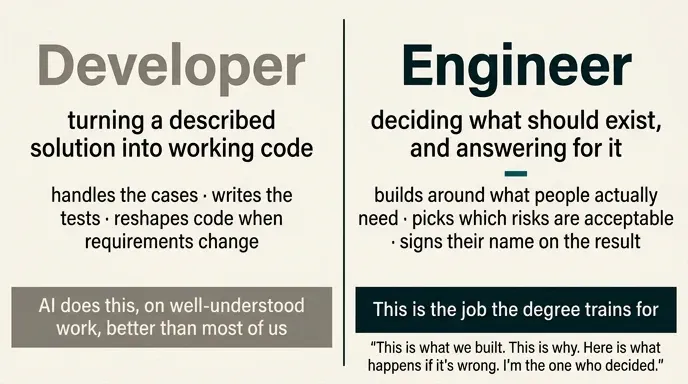 Two-panel comparison: the developer role of turning a described solution into working code, shown as absorbed by AI, beside the engineer role of deciding what should exist and answering for it.