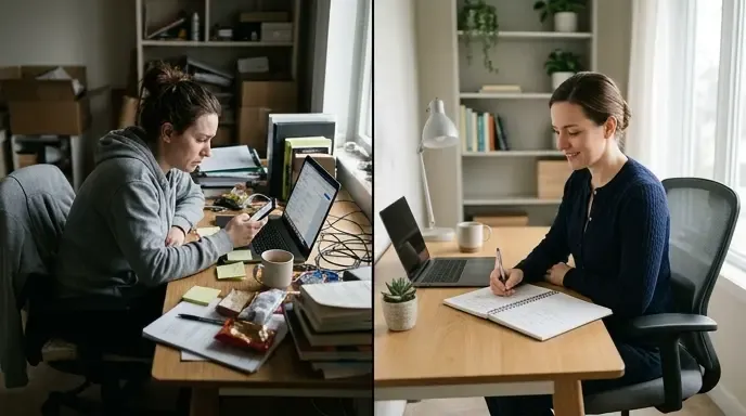 Comparison of a distracted remote worker and a focused worker at an organized desk