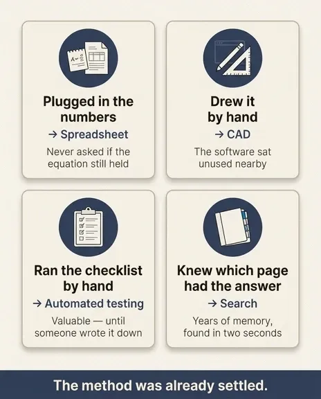 Four cards showing engineering roles that were automated, what replaced each, and the shared cause: the method was already settled