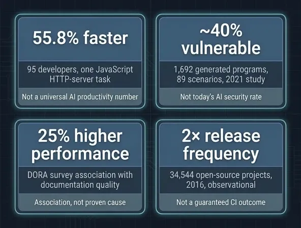 Four research figures on developer tooling paired with their actual study scope, showing what each number does and does not support