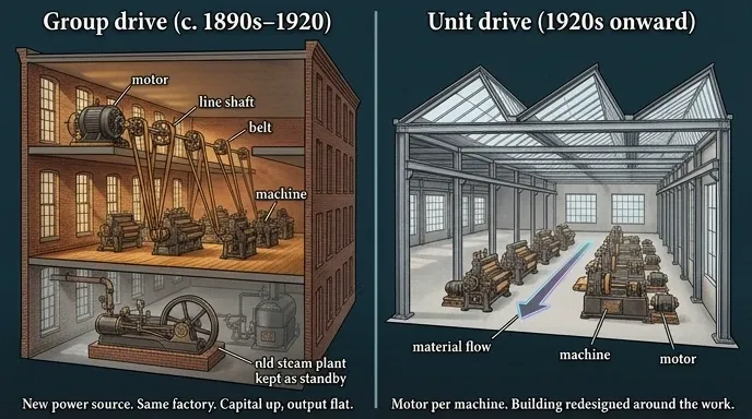 Diagram comparing a group drive factory with overhead shafting to unit drive with a motor on each machine