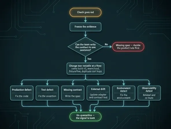 Flowchart for handling a failing test: freeze the evidence, define the contract, classify the disagreement, apply the appropriate fix, and restore trust in the test suite.