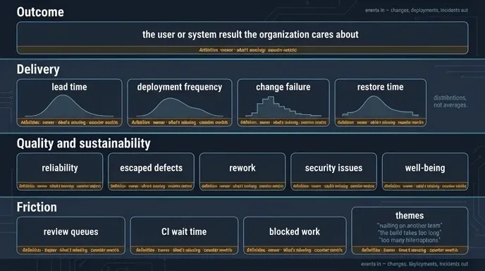 Dashboard wireframe with outcome, delivery, quality and friction bands, each tile annotated with definition, owner, gaps and counter-metric