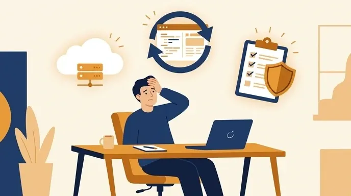 Illustration of a startup founder facing three technical decisions at once — cloud provider choice, contractor rework, and a security questionnaire