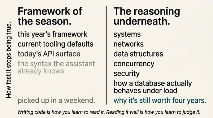 Two-column comparison of short half-life skills such as this year's framework and tooling defaults against long half-life fundamentals including systems, networks, data structures, concurrency, security, and database behaviour under load.