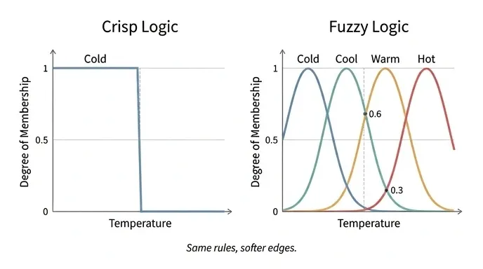 Chart comparing crisp logic's sharp on/off cutoff to fuzzy logic's gradual, overlapping membership curves for cold, cool, warm, and hot