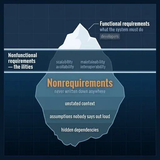 Iceberg diagram with functional requirements above water and unstated nonrequirements below
