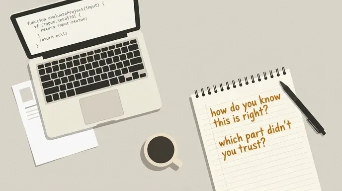 Overhead view of a coding interview: the candidate's screen shows finished code while the interviewer's notepad asks how they know it's correct