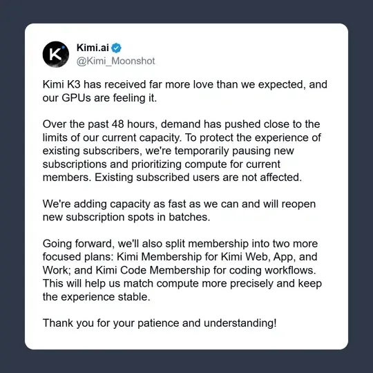 Kimi.ai post announcing that new subscriptions are temporarily paused due to high demand, while existing subscribers are unaffected and additional capacity is being added.