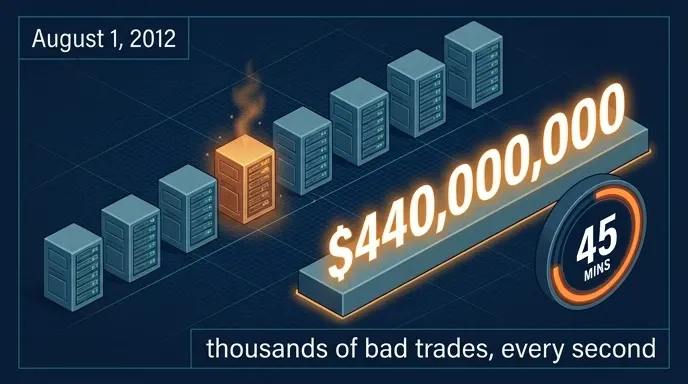 Timeline infographic showing how one unpatched server out of eight cost Knight Capital $440 million in 45 minutes.