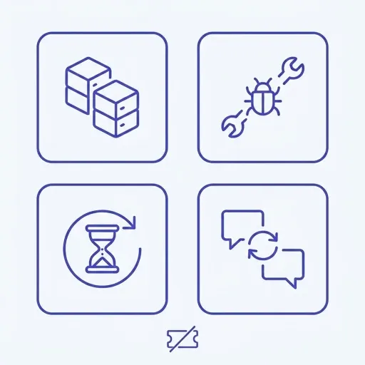 Icon infographic of four signs of lost engineering knowledge: rebuilt services, duplicate fixes, re-solved problems, and re-debated decisions