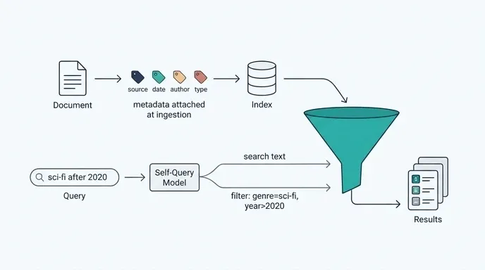 Diagram of metadata-filtered retrieval showing a query split into a search string and a structured filter
