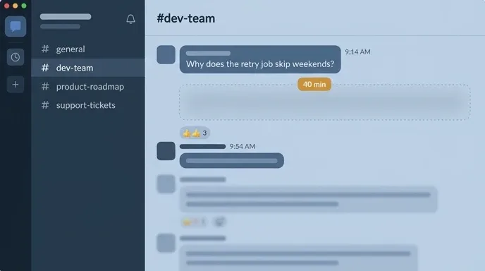 Mock chat thread showing a 40-minute gap between an engineering question and its answer