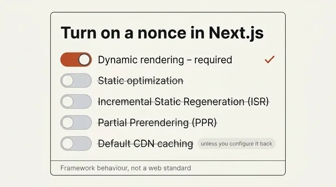 Next.js panel showing a nonce requires dynamic rendering and disables ISR, PPR and CDN caching