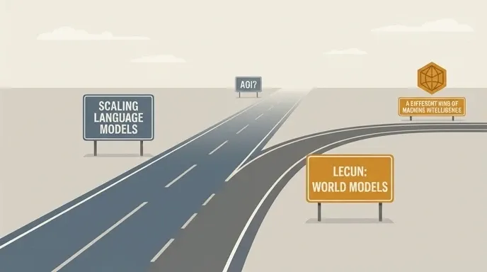 Illustration of a forking highway — the main road leading toward AGI through scaling, and an off-ramp representing LeCun's world-model approach