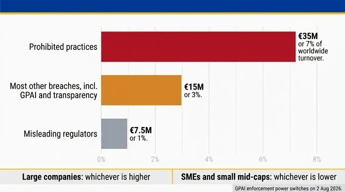 Three EU AI Act penalty tiers at 7, 3 and 1 percent of turnover